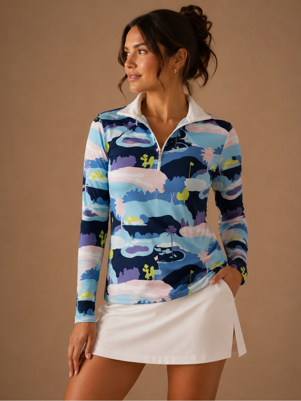 SanSoleil Golf Course Print Quarter Zip UV50 Sun Shirt Women's Small